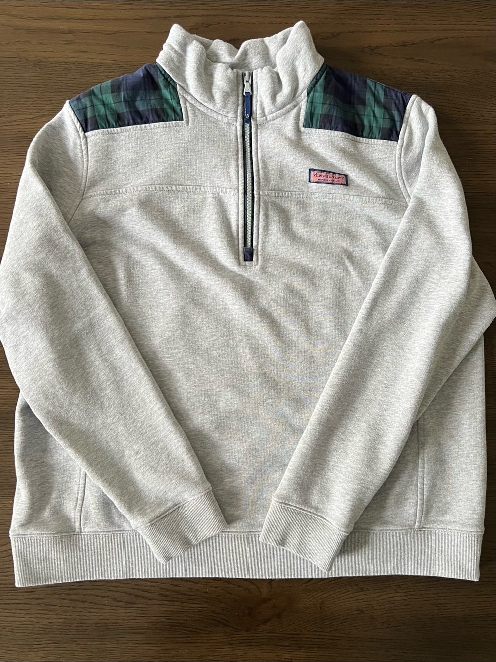 Vineyard Vines Light Gray Quarter-Zip Shep Shir with Green & Navy Plaid Shoulder